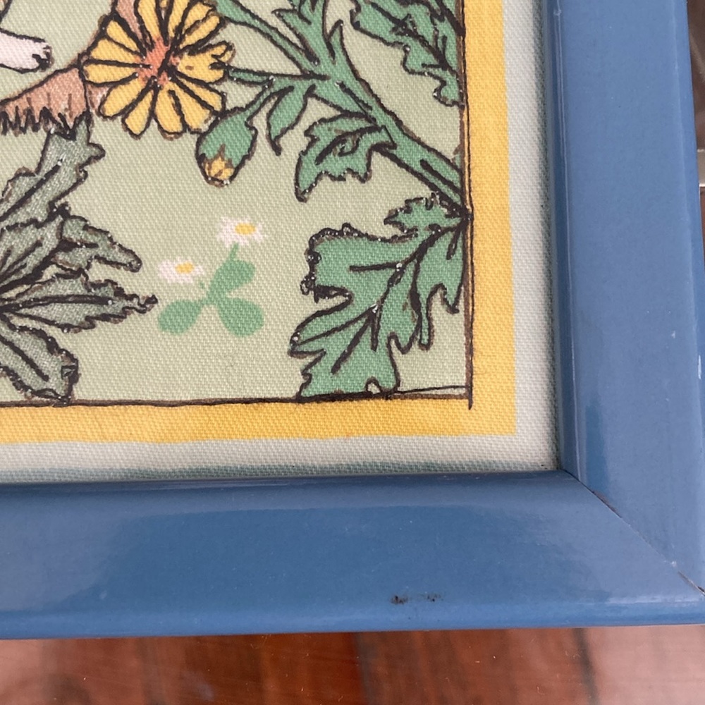 Vintage Framed Cyrus Clark stitched screen print rabbit garden scene - Picture 10 of 15